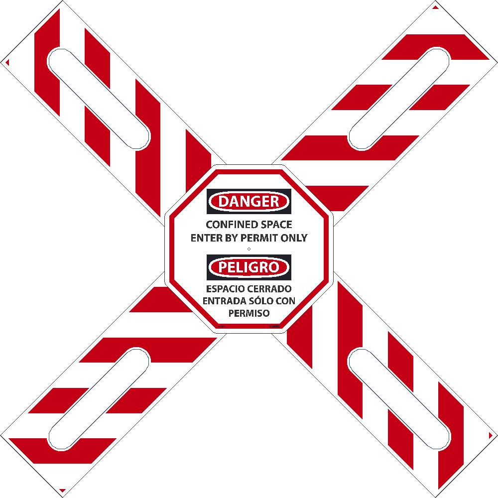 DANGER CONFINED SPACE BILINGUAL CROSS BUCK KIT, CONTAINS (2) CROSS BUCK ARMS, OCTAGONAL SIGN, FASTNER, 42