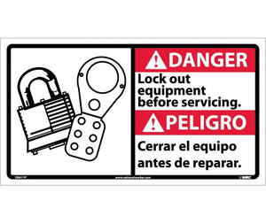 DANGER, LOCK OUT EQUIPMENT BEFORE SERVICING (BILINGUAL W/GRAPHIC), 10X18, PS VINYL