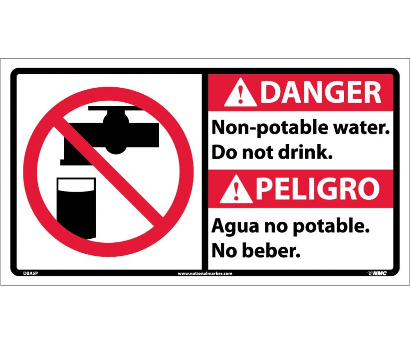 DANGER, NON-POTABLE WATER DO NOT DRINK (BILINGUAL W/GRAPHIC), 10X18, PS VINYL
