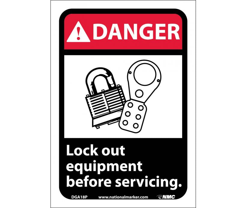 DANGER, LOCK OUT EQUIPMENT BEFORE SERVICING (W/GRAPHIC), 10X7, PS VINYL