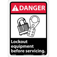 DANGER, LOCK OUT EQUIPMENT BEFORE SERVICING (W/GRAPHIC), 14X10, RIGID PLASTIC