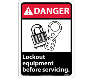DANGER, LOCK OUT EQUIPMENT BEFORE SERVICING (W/GRAPHIC), 14X10, RIGID PLASTIC