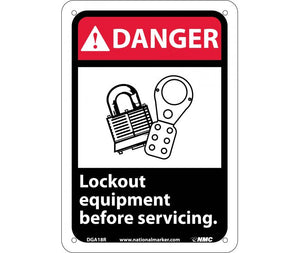 DANGER, LOCK OUT EQUIPMENT BEFORE SERVICING (W/GRAPHIC), 10X7, RIGID PLASTIC