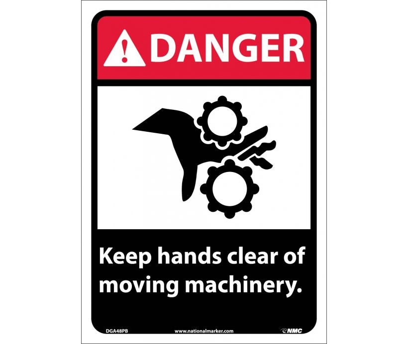 DANGER, KEEP HANDS CLEAR OF MOVING MACHINERY, 14X10, RIGID PLASTIC