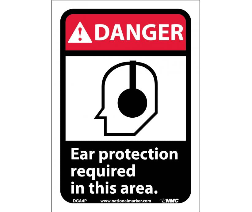 DANGER, EAR PROTECTION REQUIRED IN THIS AREA (W/GRAPHIC), 14X10, .040 ALUM