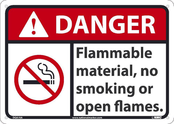 DANGER FLAMMABLE MATERIAL NO SMOKING OR OPEN FLAMES SIGN, 7X10, .050 PLASTIC