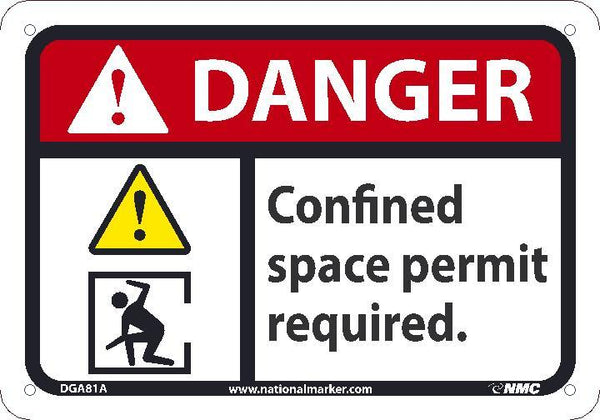 DANGER CONFINED SPACE PERMIT REQUIRED SIGN, 10X14, .040 ALUM