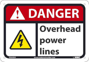 DANGER OVERHEAD POWER LINES SIGN, 7X10, .050 PLASTIC
