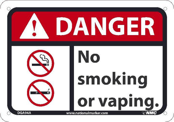 DANGER NO SMOKING OR VAPING SIGN, 7X10, .050 PLASTIC