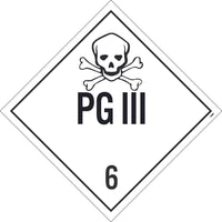 PLACARD, POISON, PG III 6, 10.75X10.75, PRESSURE SENSITIVE VINYL .0045, PACK 25