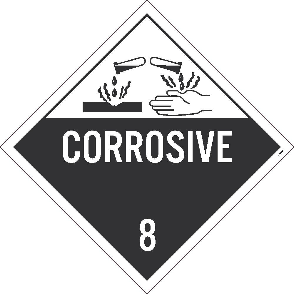 PLACARD, CORROSIVE 8, 10.75X10.75, REMOVABLE PS VINYL, PACK 100