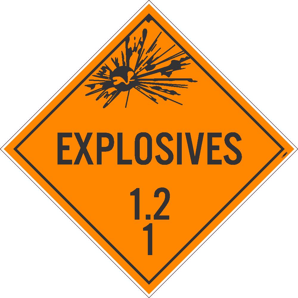 PLACARD, EXPLOSIVES 1.2 1, 10.75X10.75, PVC, FLEXIBLE PVC, .015 UNRIPPABLE VINYL, PACK 100