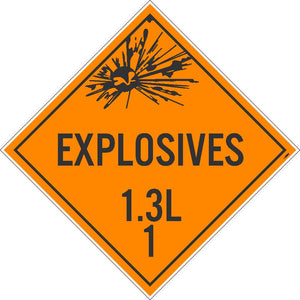 PLACARD, EXPLOSIVES 1.3L 1, 10.75X10.75, PVC, FLEXIBLE PVC, .015 UNRIPPABLE VINYL, PACK 25