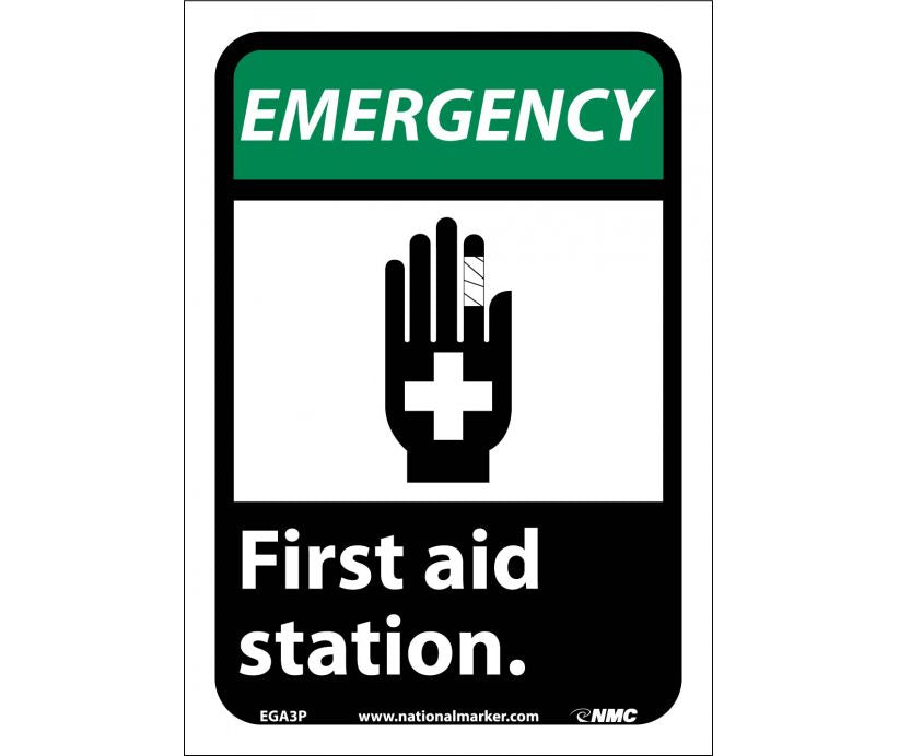 EMERGENCY, FIRST AID STATION (W/GRAPHIC), 14X10, RIGID PLASTIC
