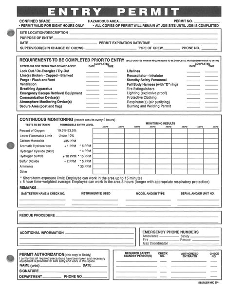 CONFINED SPACE ENTRY PERMITS, 25 PERMITS PER PAD, 8 1/2 x 11, NCR PAPER