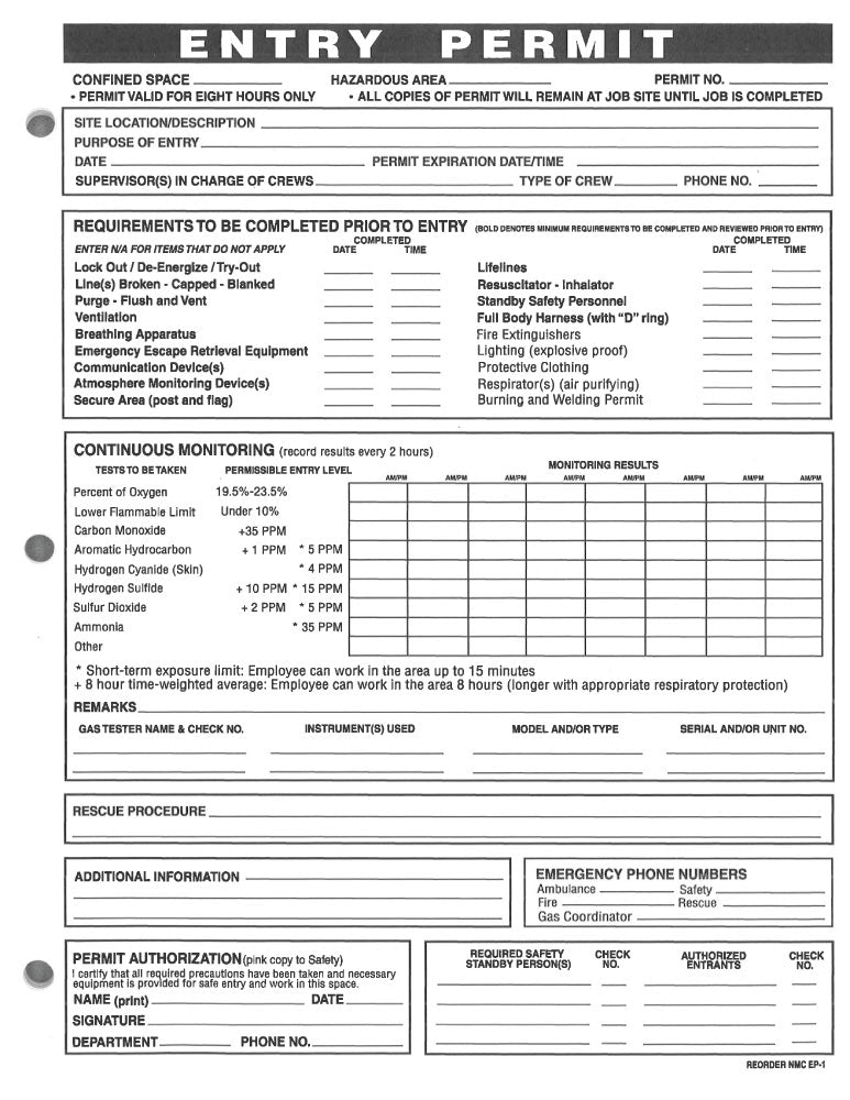 CONFINED SPACE ENTRY PERMITS, 25 PERMITS PER PAD, 8 1/2 x 11, NCR PAPER