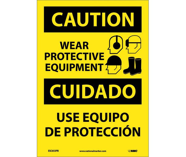 Caution Wear Protective Equipment Eng/Spanish 14x10 Plastic | ESC653RB