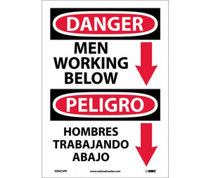 Danger Men Working Below English/Spanish 14"x10" Plastic | ESD675RB