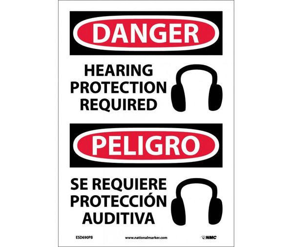 Danger Hearing Protection Required Eng/Spanish 14x10 Aluminum ESD690AB