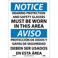 NOTICE, HEARING PROTECTION AND SAFETY GLASSES MUST BE WORN IN THIS AREA, BILINGUAL, 14X10, RIGID PLASTIC