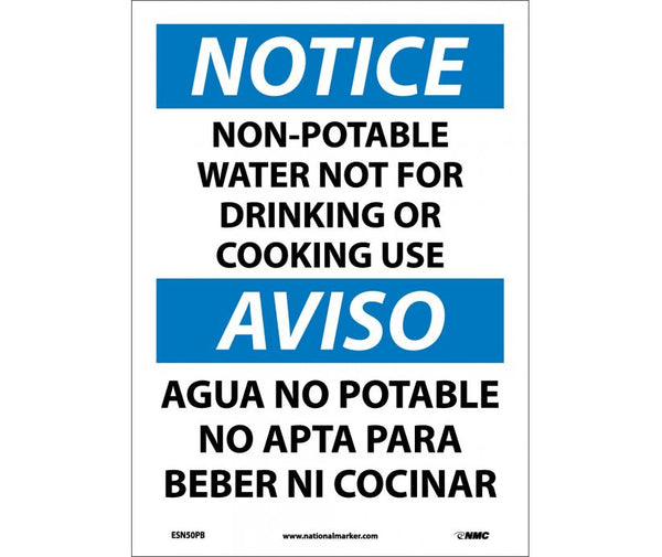 NOTICE, NON-POTABLE WATER NOT FOR DRINKING OR COOKING USE BILINGUAL, 14X10, .040 ALUM