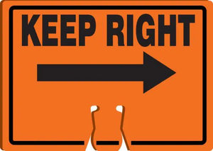 Cone Top Warning Sign, KEEP RIGHT (Arrow), 10" x 14", Plastic