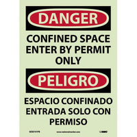 DANGER, CONFINED SPACE ENTER BY PERMIT ONLY, BILINGUAL, 14X10, GLO RIGID PLASTIC