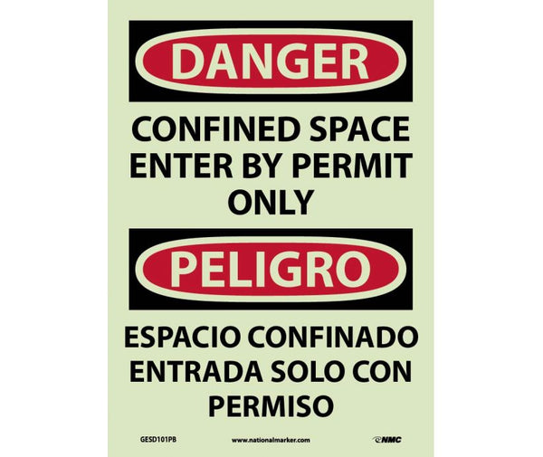 DANGER, CONFINED SPACE ENTER BY PERMIT ONLY, BILINGUAL, 14X10, GLO RIGID PLASTIC