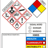 GHS SECONDARY CONTAINER LABELS, WRITE-ON WITH PICTO IMAGES, NFPA, HMIS,SIGNAL WORD INFO, 4X3, PS VINYL, 50ROLL
