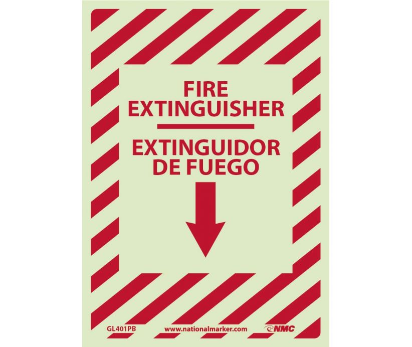 FIRE EXTINGUISHER, DOWN ARROW,  BILINGUAL 14X10, GLO RIGID PLASTIC