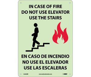 IN CASE OF FIRE DO NOT USE ELEVATOR USE THE STAIRS (GRAPHIC(, BILINGUAL, 14X10, GLO RIGID PLASTIC
