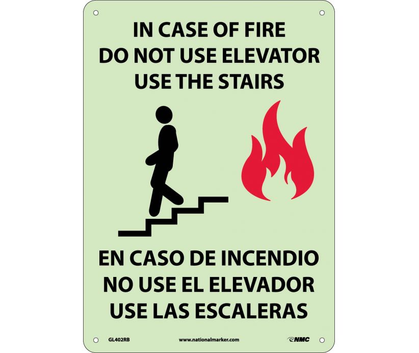 IN CASE OF FIRE DO NOT USE ELEVATOR USE THE STAIRS (GRAPHIC(, BILINGUAL, 14X10, GLO RIGID PLASTIC