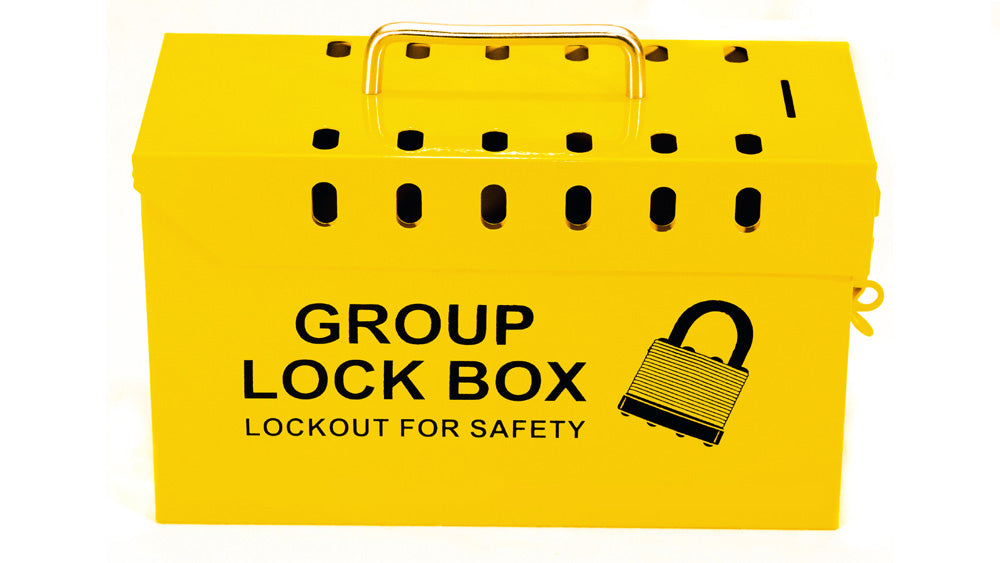 Group Lockout Box, Steel, protects workers in group maintenance and repair operations. The box accommodates up to 13 padlocks and measures 6''H x 10''W x 4