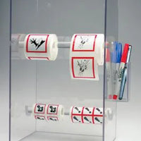 Tape and Label Dispenser, Two removable dowels hold rolls from 1" to 3", Overall size 8 1/2"W x 14"H x 6 1/4"D Acrylic .118