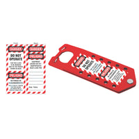 Hasp/Tag Combo Device, Red, Aluminum, 3" x 7.5" with 1" Jaw Diameter