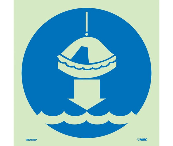 IMO, SYMBOL, LOWER LIFE RAFT TO WATER, 6X6, GLOW VINYL LAMINATED