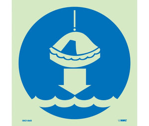 IMO, SYMBOL, LOWER LIFE RAFT TO WATER, 6X6, GLOW RIGID LAMINATED