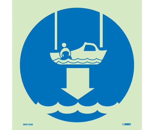 IMO, SYMBOL, LOWER RESCUE BOAT TO WATER, 6X6, GLOW RIGID LAMINATED