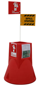 JOBSITE CADDY W/ SPILL KIT & 6' WHITE POLE & 2 x 10" X 7" ALUM. SIGNS: EXTING. & SPILL KIT, 29" x 26" DIAMETER, 13 LBS, 11" DEEP WELL FOR 5/10/20 LB FIRE EXTINGUISHER, RED