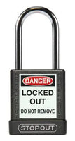 STOPOUT Plastic Body Padlock, Shackle Clearance 1.5", Keyed Differently, Black