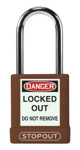 STOPOUT Plastic Body Padlock, Shackle Clearance 1.5", Keyed Differently, Brown