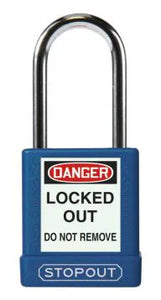 STOPOUT Plastic Body Padlock, Shackle Clearance 1.5", Keyed Differently, Blue
