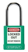 STOPOUT Plastic Body Padlock, Shackle Clearance 1.5", Keyed Differently, Green