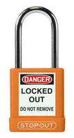 STOPOUT Plastic Body Padlock, Shackle Clearance 1.5", Keyed Differently, Orange