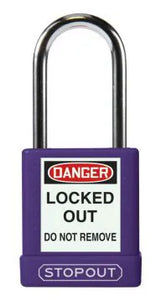 STOPOUT Plastic Body Padlock, Shackle Clearance 1.5", Keyed Differently, Purple