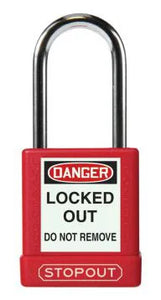 STOPOUT Plastic Body Padlock, Shackle Clearance 1.5", Keyed Differently, Red