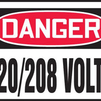 Safety Label, DANGER 120/208 VOLTS, 3.5" x 5", Adhesive Vinyl, 5/PK