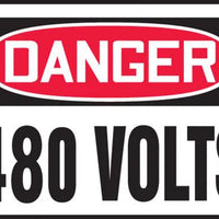 Safety Label, DANGER 480 VOLTS, 3.5" x 5", Adhesive Vinyl, 5/PK