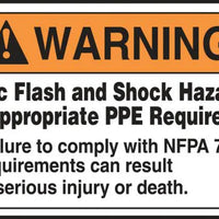 Arc Flash Label, WARNING ARC FLASH AND SHOCK HAZARD APPROPRIATE PPE REQUIRED, 3.5" x 5", Adhesive Dura-Vinyl