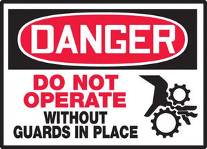 Safety Label, DANGER DO NOT OPERATE WITHOUT GUARDS IN PLACE (Graphic), 3.5 x 5", Adhesive Vinyl, 5/PK